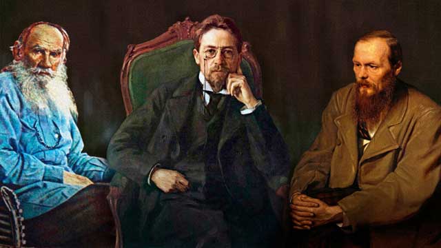 লিও তলস্তয়, আন্তন চেখভ এবং ফিওদর দস্তয়োভস্কি। ছবি: দ্য থিয়েটার টাইমস