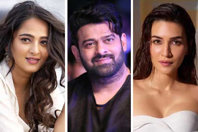 (বাঁ দিক থেকে) আনুশকা শেঠি, প্রভাস, কৃতি শ্যানন। ছবি: সংগৃহীত