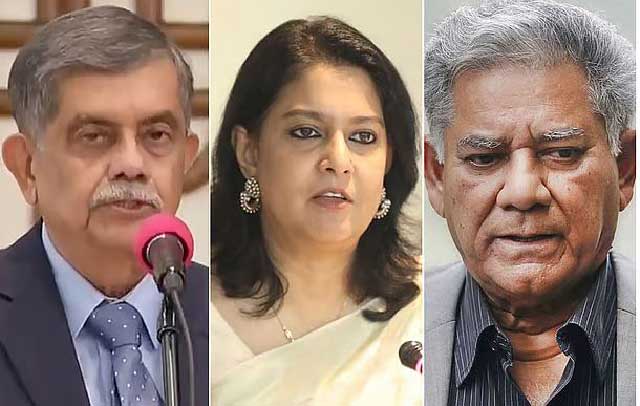 শিক্ষা উপদেষ্টা অধ্যাপক সি আর আবরার; পরিবেশ, বন ও জলবায়ু পরিবর্তন মন্ত্রণালয় এবং পানিসম্পদ মন্ত্রণালয়ের উপদেষ্টা সৈয়দা রিজওয়ানা হাসান এবং নৌপরিবহন ও শ্রম ও কর্মসংস্থান মন্ত্রণালয়ের উপদেষ্টা ব্রিগেডিয়ার জেনারেল (অব.) এম সাখাওয়াত হোসেন। ফাইল ছবি